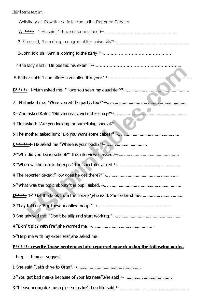 reported speech imperative exercises pdf